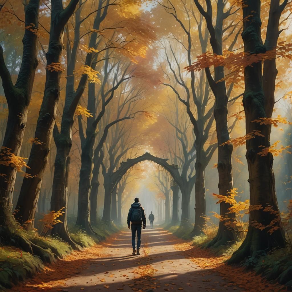Mysterious Traveler in Autumn Forest Pathway