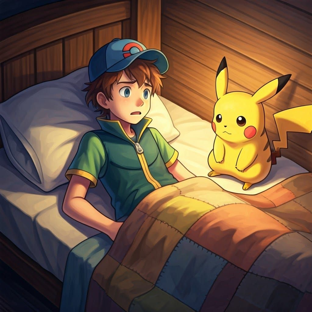 Young Pokémon Trainer Comforted by Loyal Pikachu at Night