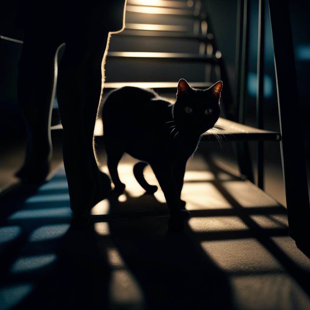 Black Cat Walking Under Ladder: Cinematic Film Still