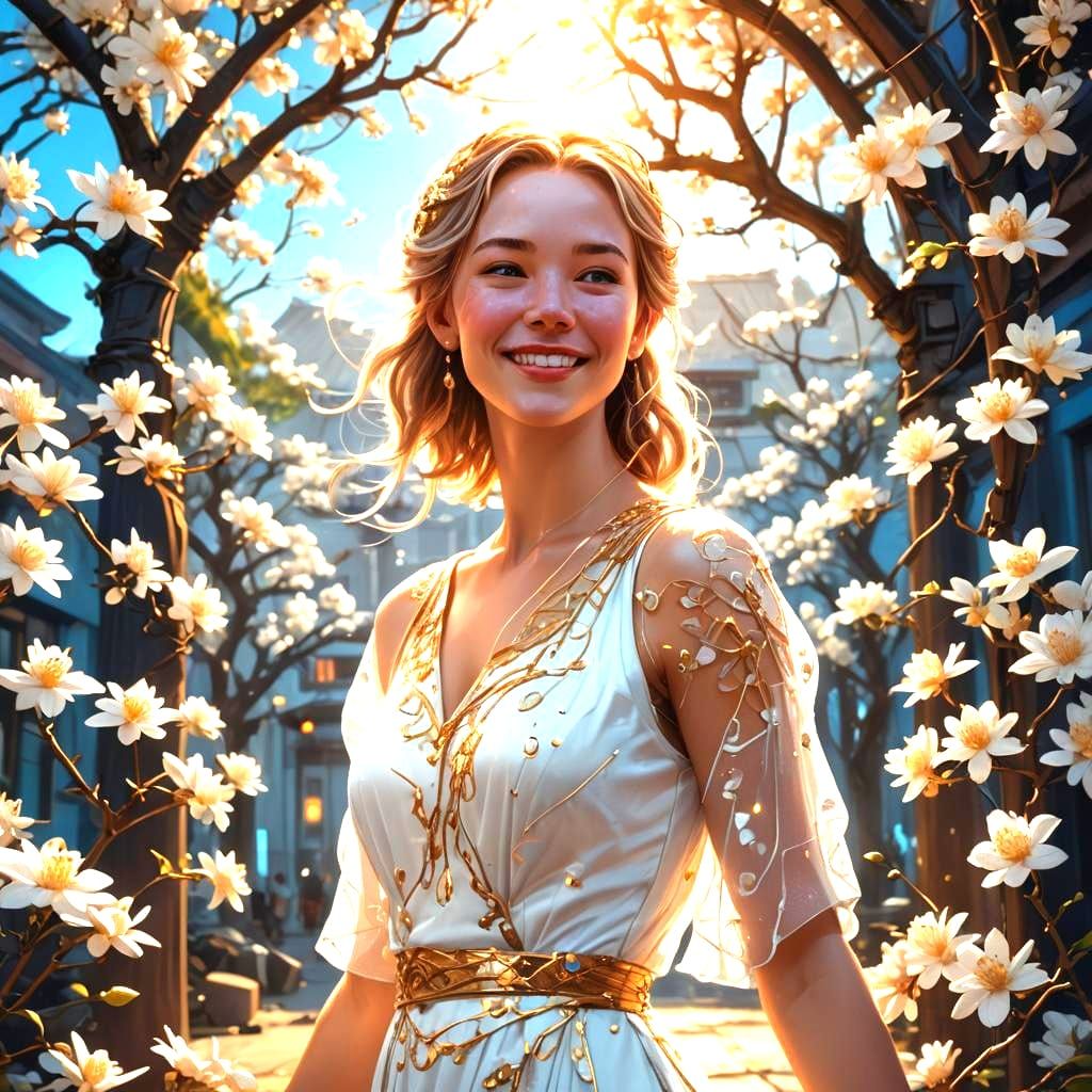 Smiling Woman in White Jasmine Dress