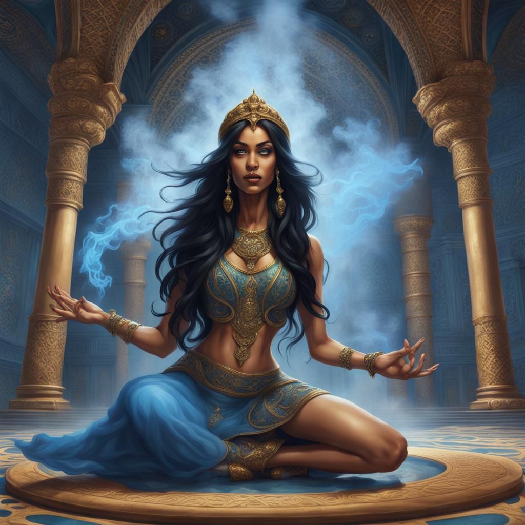 Genie Emerges from Lamp in Palace Throne Room