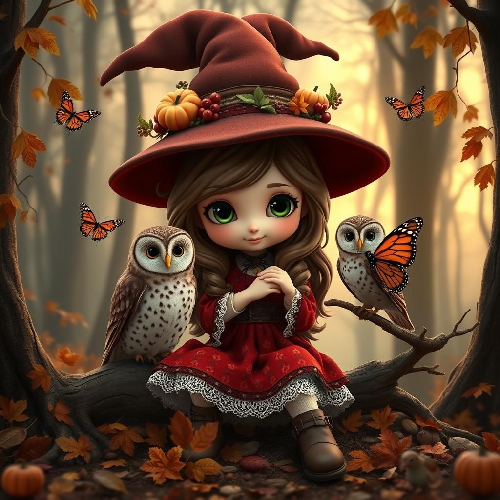 Chibi Witch in Mystical Autumn Forest, 3D Render