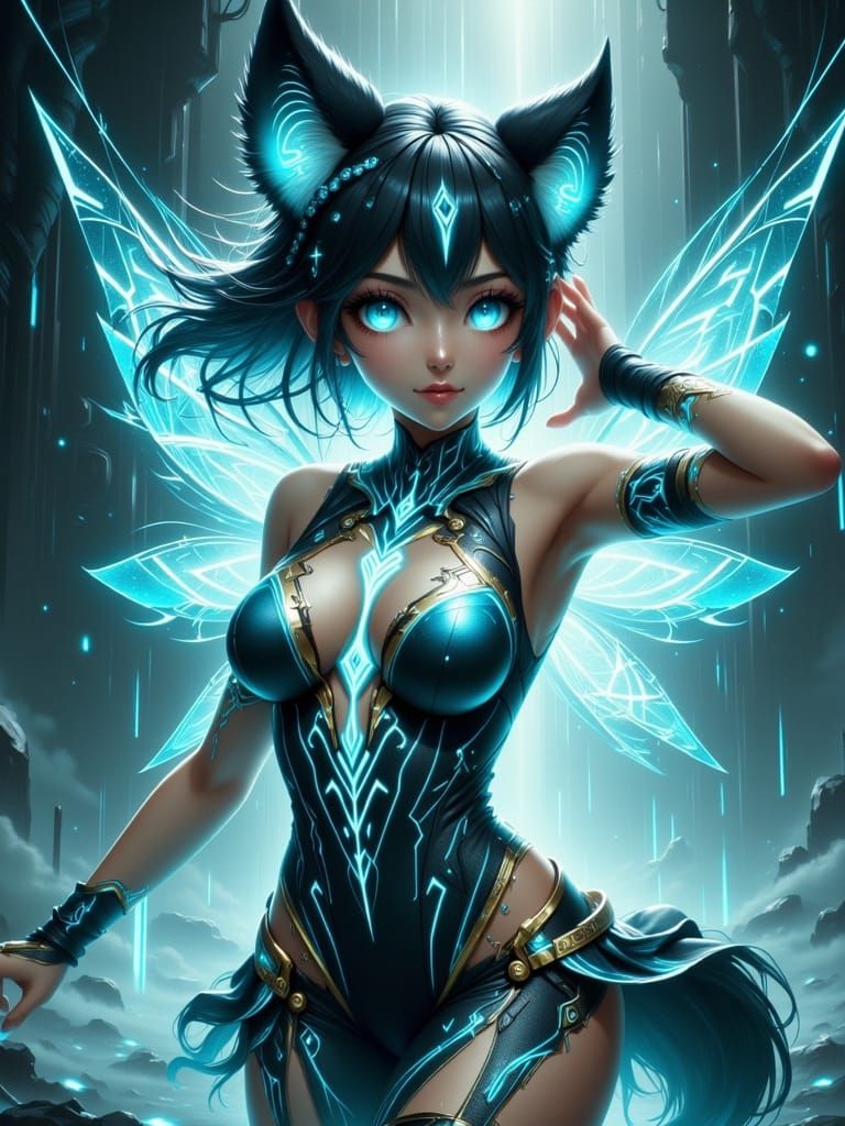 Anime, Portrait, Cheerful Kitsune winged fairy. Sapphire blu...