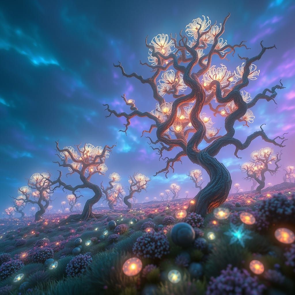 Surreal Dreamscape with Glowing Trees and Iridescent Flora