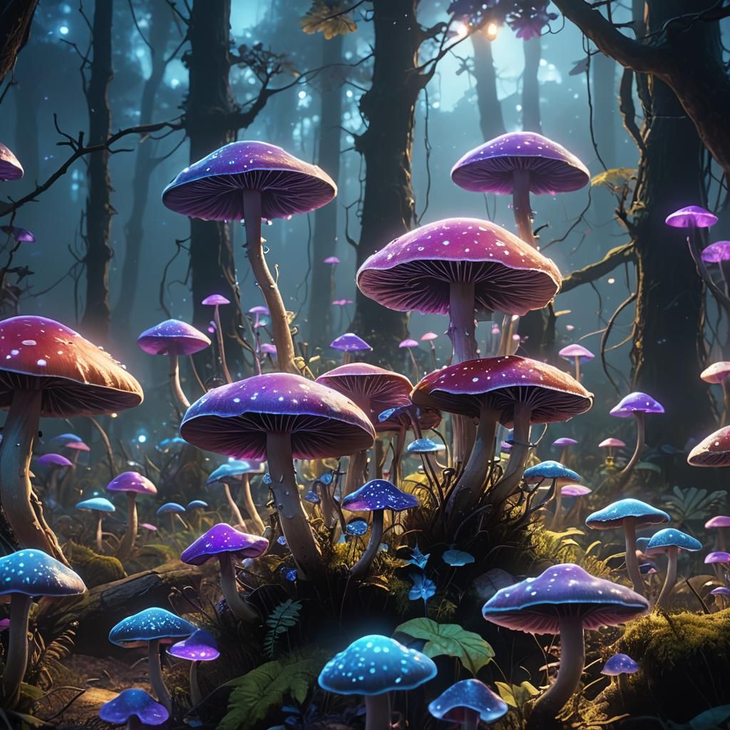 Bioluminescent Mushrooms in a Misty Fantasy Forest
