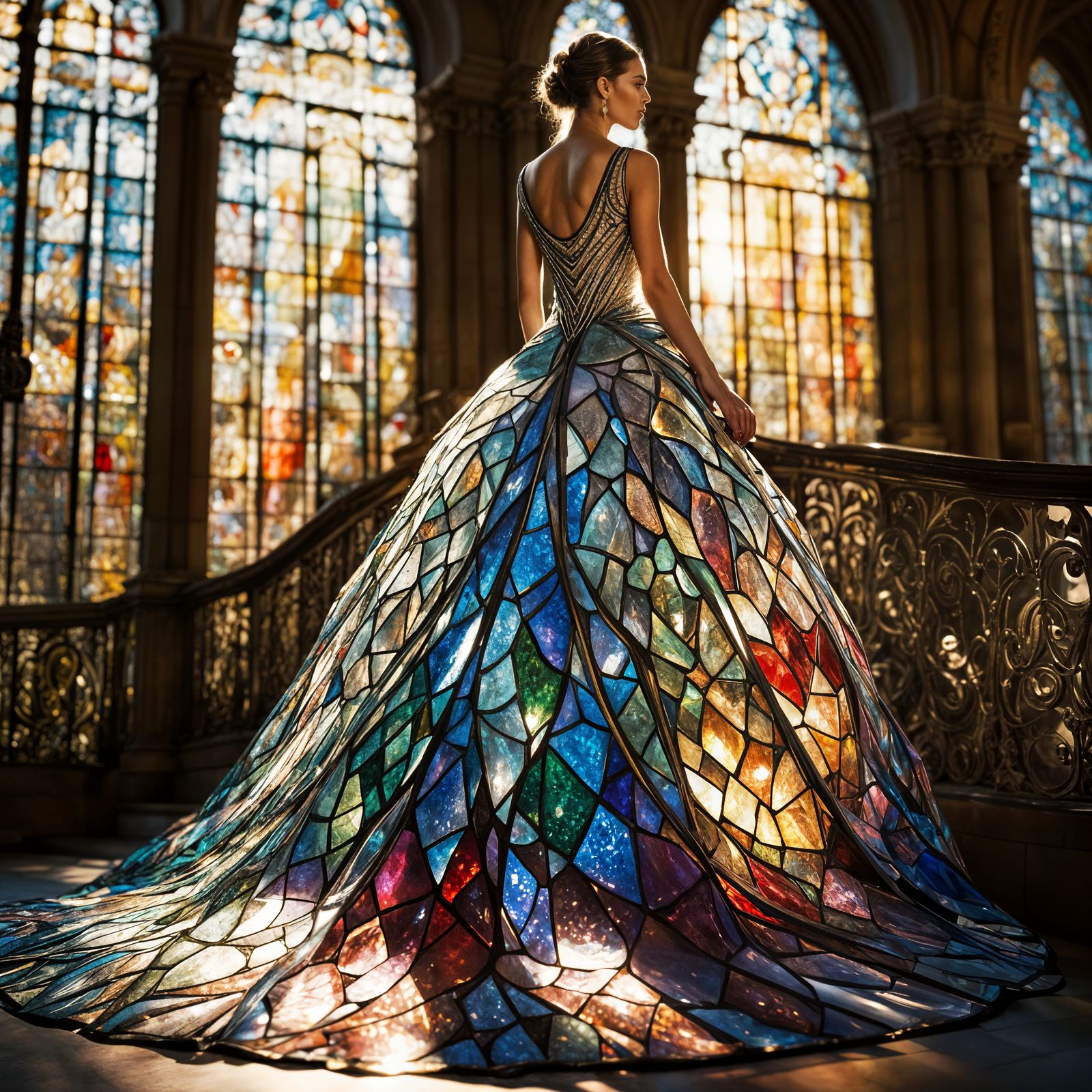 Exquisite Glass Dress Sculpture with Jewel Tones