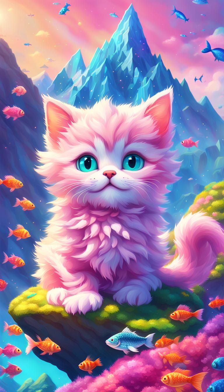 Pink Kitten on Mountain of Fish: 3D Digital Art