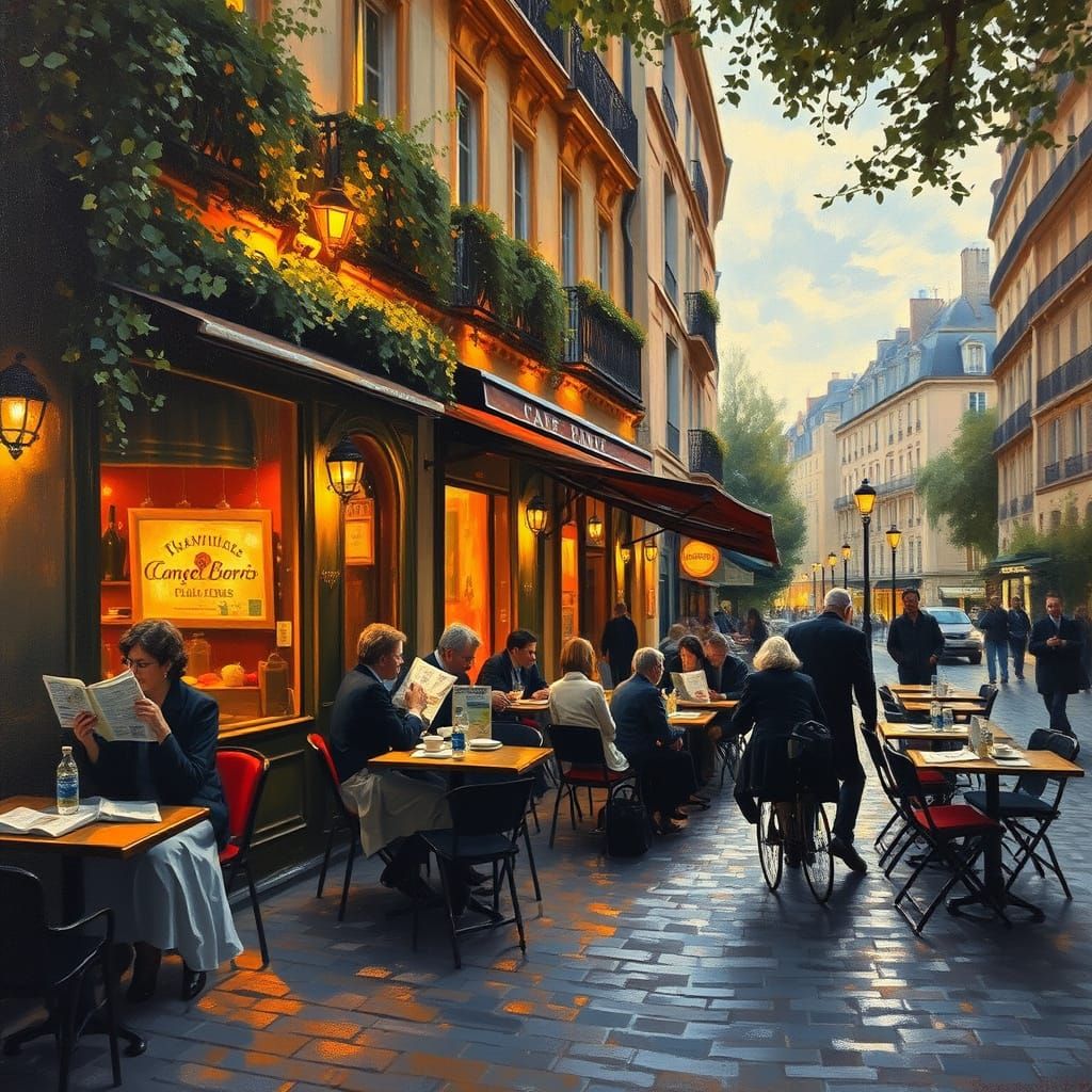 Parisian Cafe at Dusk Impressionist Oil Painting