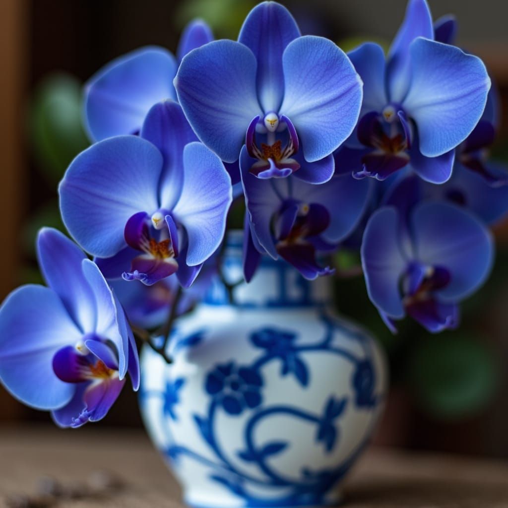 Dark Blue Orchid in Blue Patterned Chinese Vase