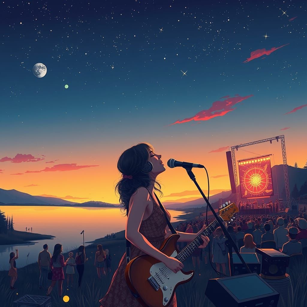 Rock Concert by Lake at Dusk: Atmospheric Landscape