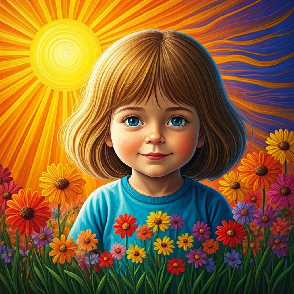 Naive Art: Child Among Colorful Flowers