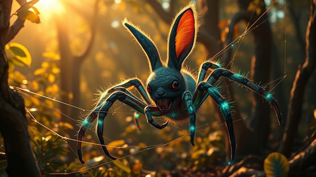 Bioluminescent Spider-Rabbit Weaving Web in Sunlit Forest
