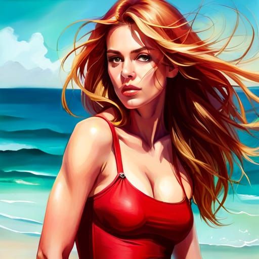 Stunning Redhead on the Beach: Hyperrealistic Color Portrait