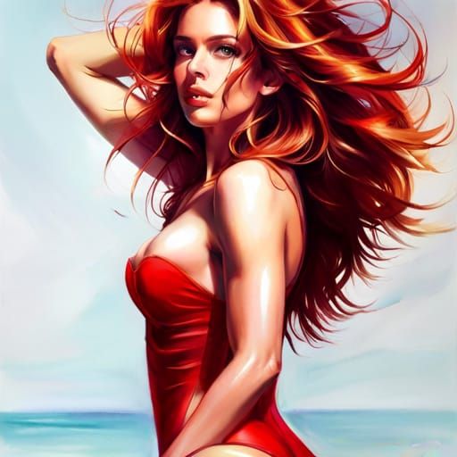 Redhead Beauty in Red Swimsuit on Beach