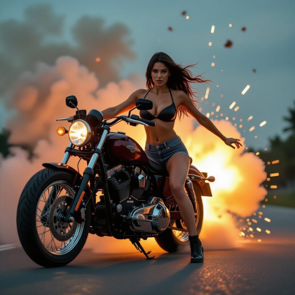 Motorcycle Explosion Near Woman, Hyperrealistic Cinematic Im...