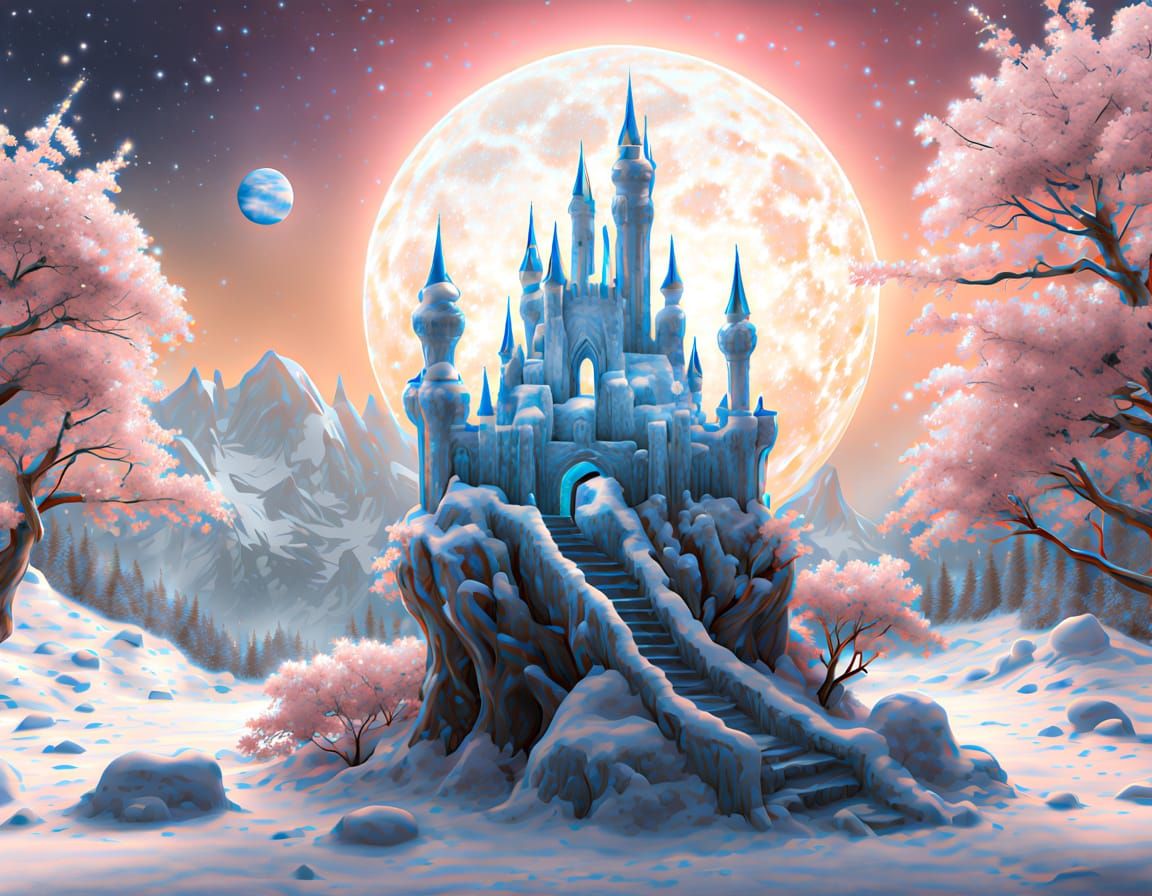 Ethereal Crystal Castle Amidst Celestial Wonders in Cyberpun...