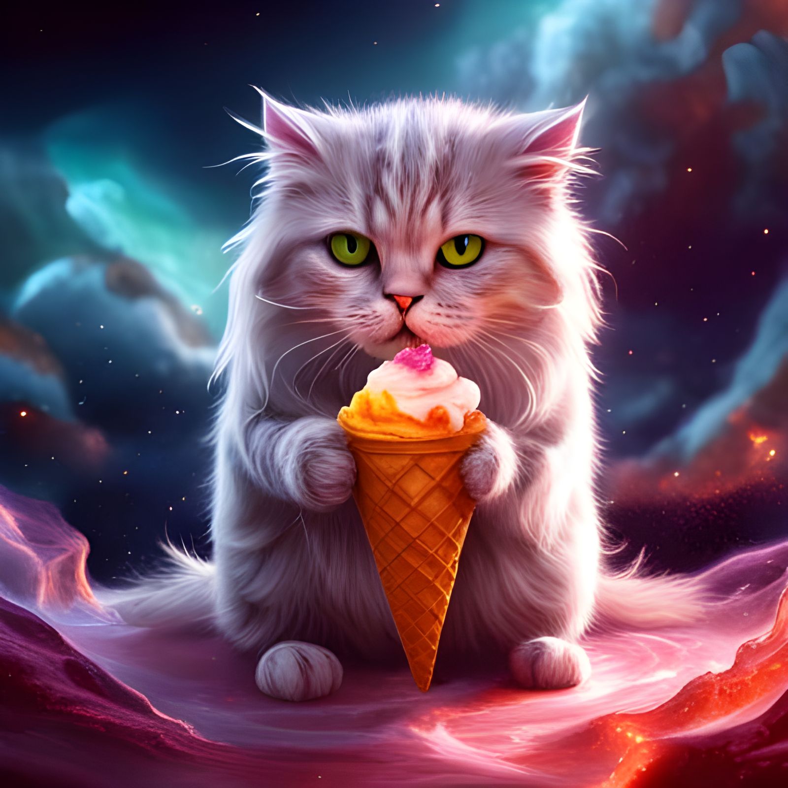 Cat Explores Burning Galaxy with Ice Cream
