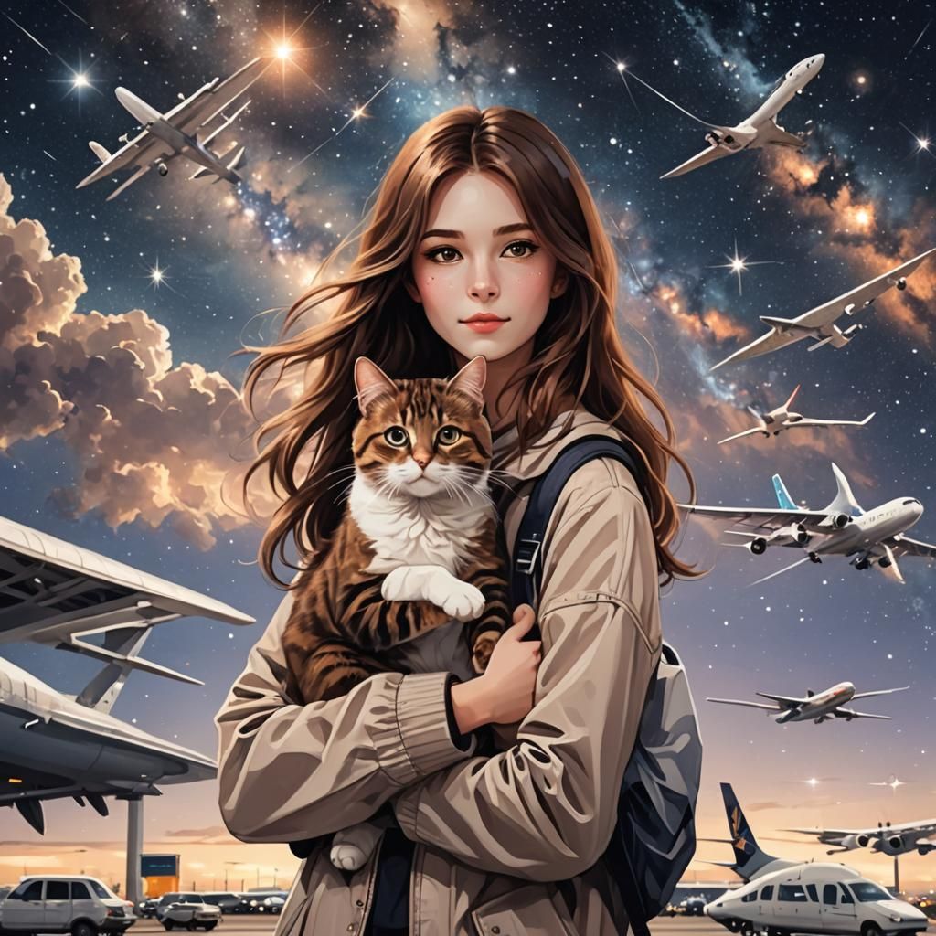 Girl with Cat at Airport Among Galaxy Stars