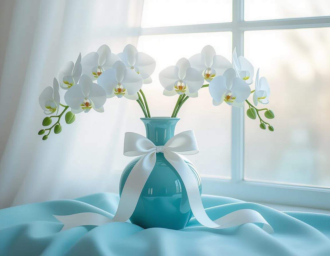 White Orchids in Teal Vase with Ribbon
