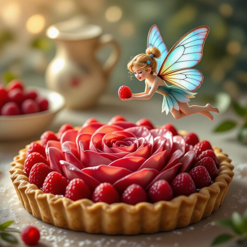 Photorealistic Fruit Tart with Fairy in Dreamy Scene