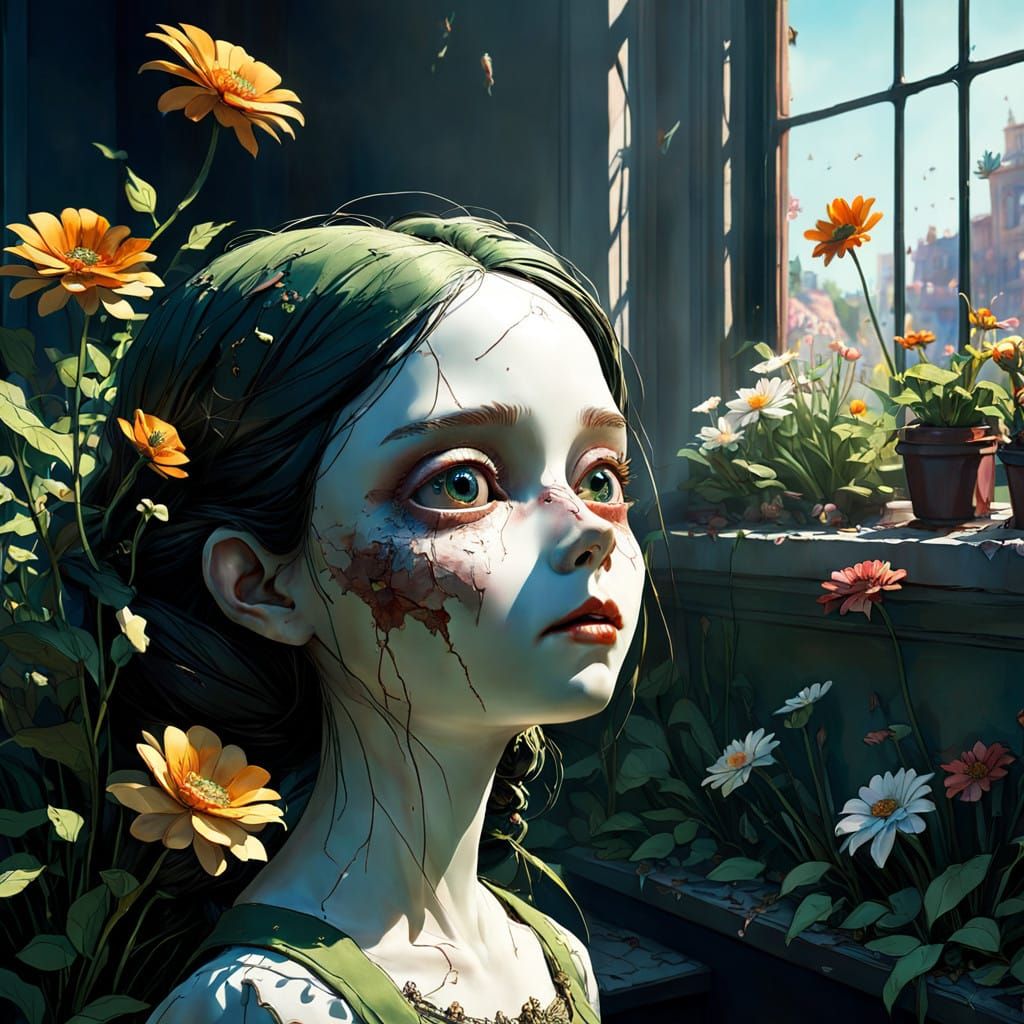 Ethereal, Antique Doll Watches Children Amidst Whimsical Blo...