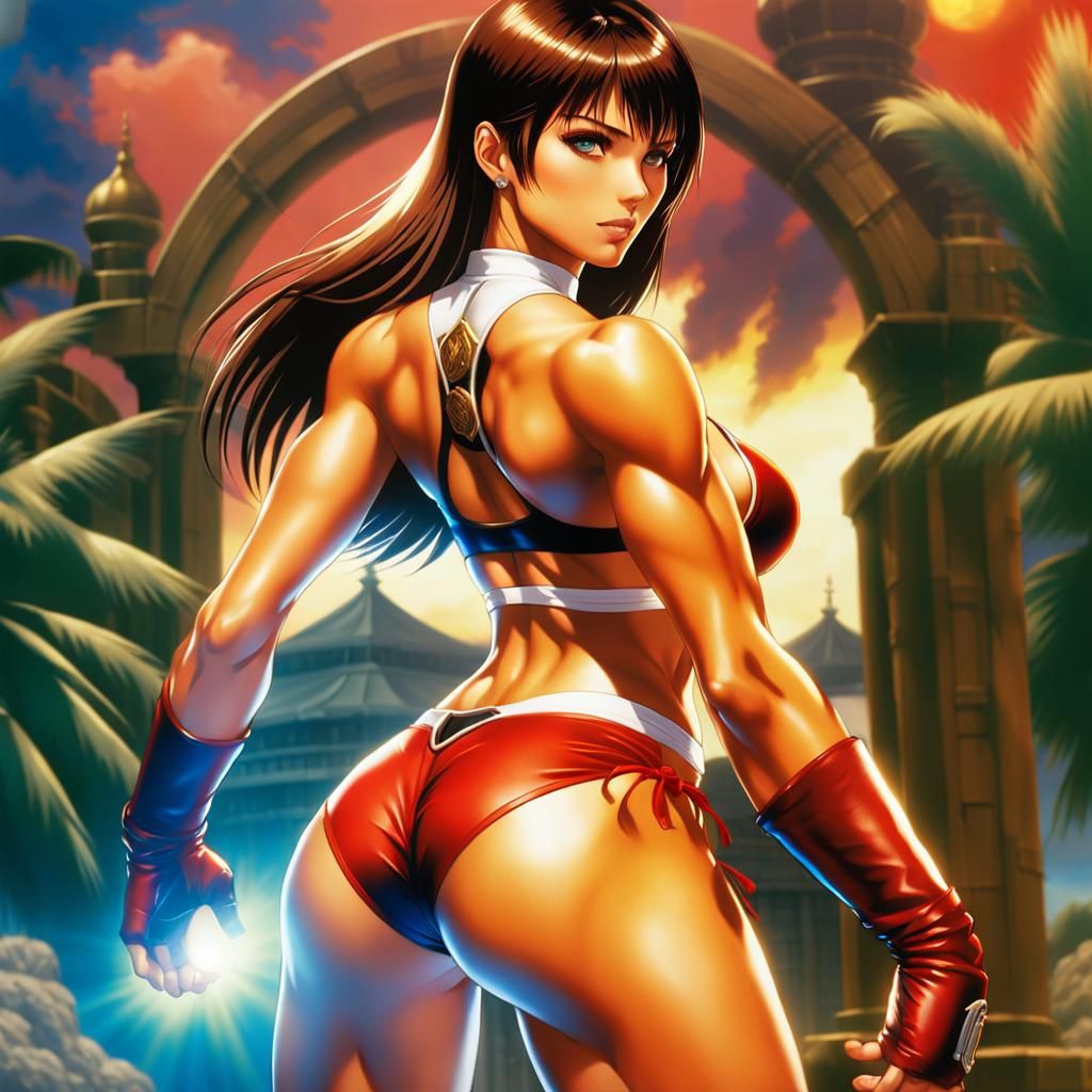 Bodybuilder in Red Bikini: Anime-Inspired Digital Art