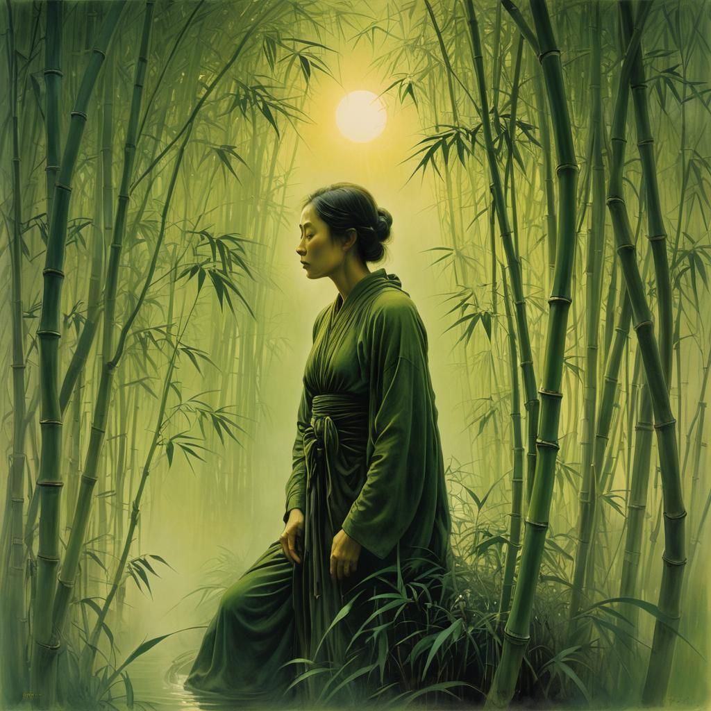 Meditative Figure Amidst Bamboo in Ethereal Mist