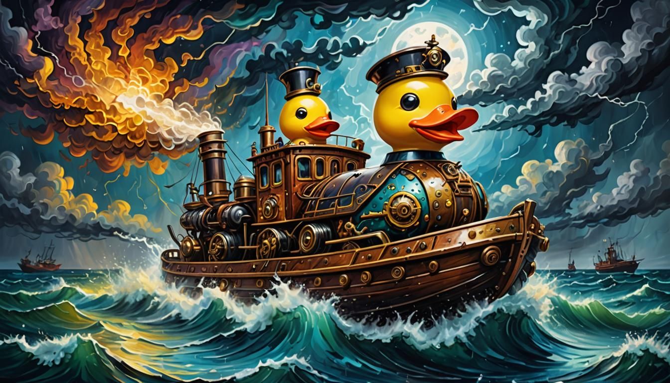 Steampunk Duck Boat in Stormy Seas: Neo-Impressionist Oil Pa...