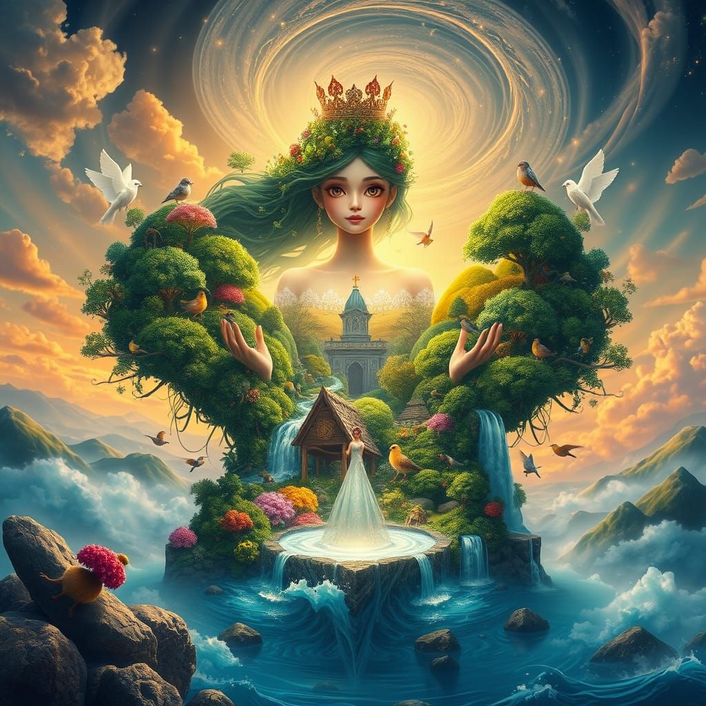 Surreal Princess Reigns Over Vibrant Fantasy Kingdom
