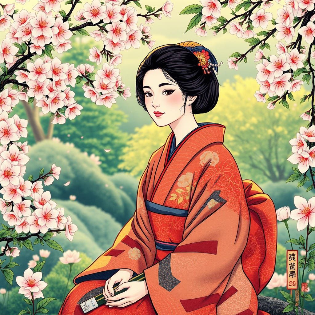 Japanese Woman in Serene Cherry Blossom Garden