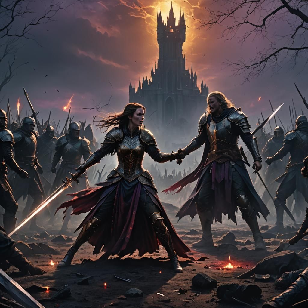 Dark Fantasy Woman Warrior on Battlefield