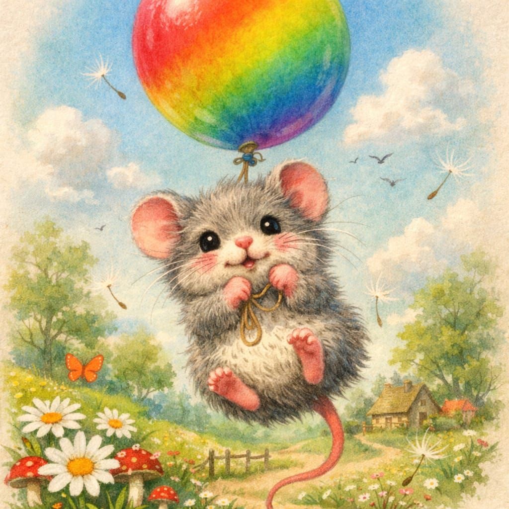 Whimsical Mouse With Balloon Takes Flight