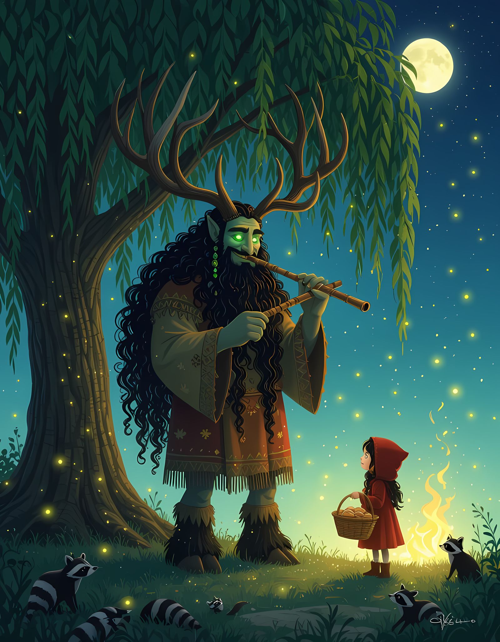 Mythical Forest Guardian with Flute by Moonlight