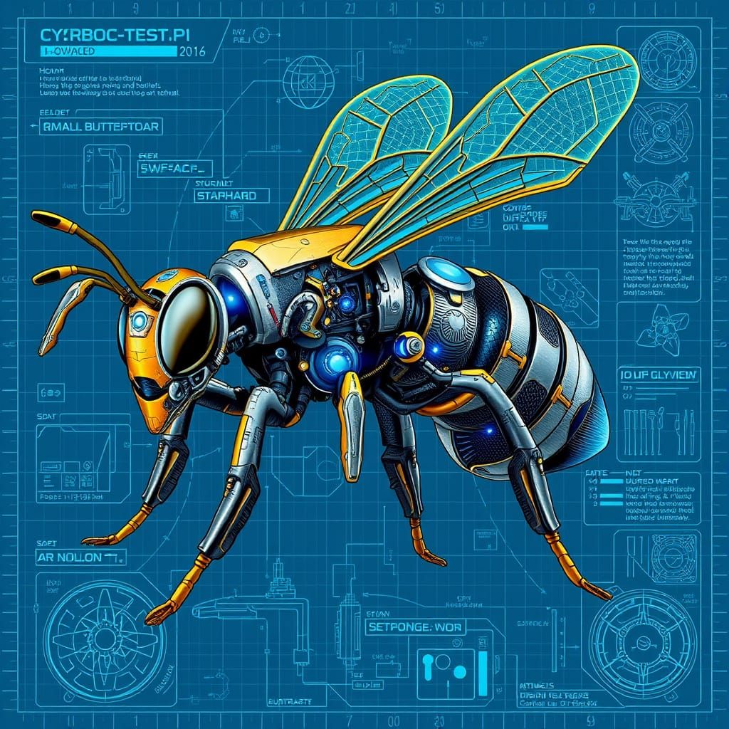 Cyborg Wasp in Futuristic Blueprint Style with Advanced Weap...