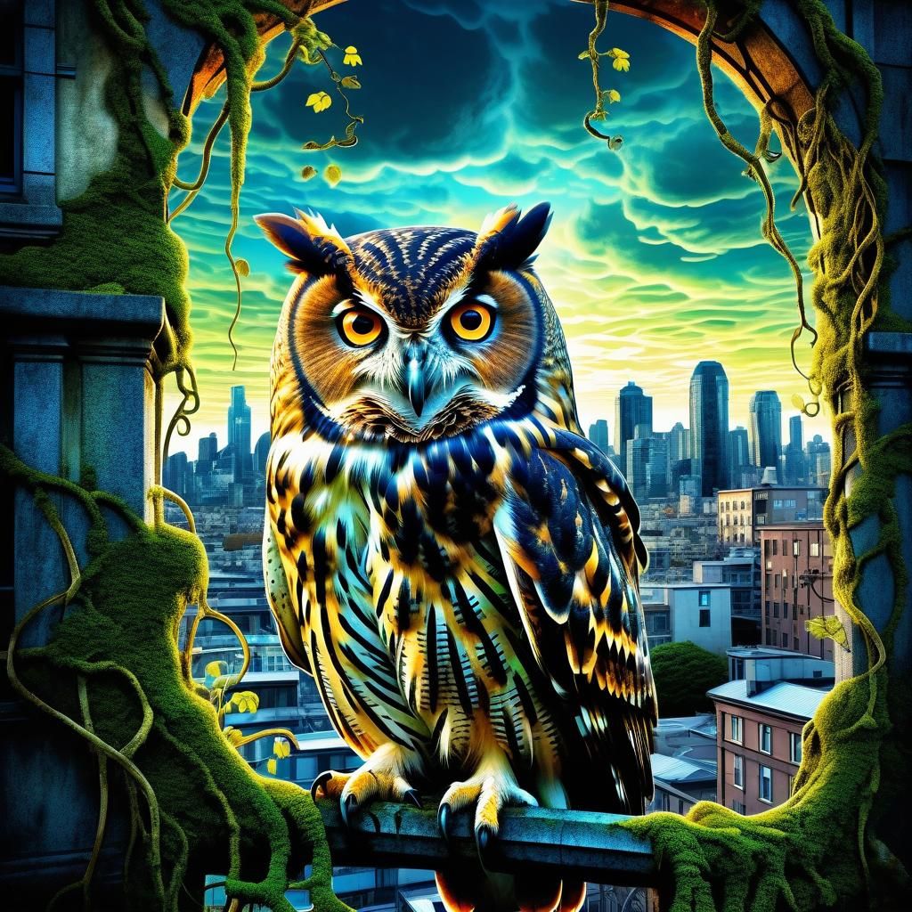 Fantasy Cityscape Owl in Mixed Media Style