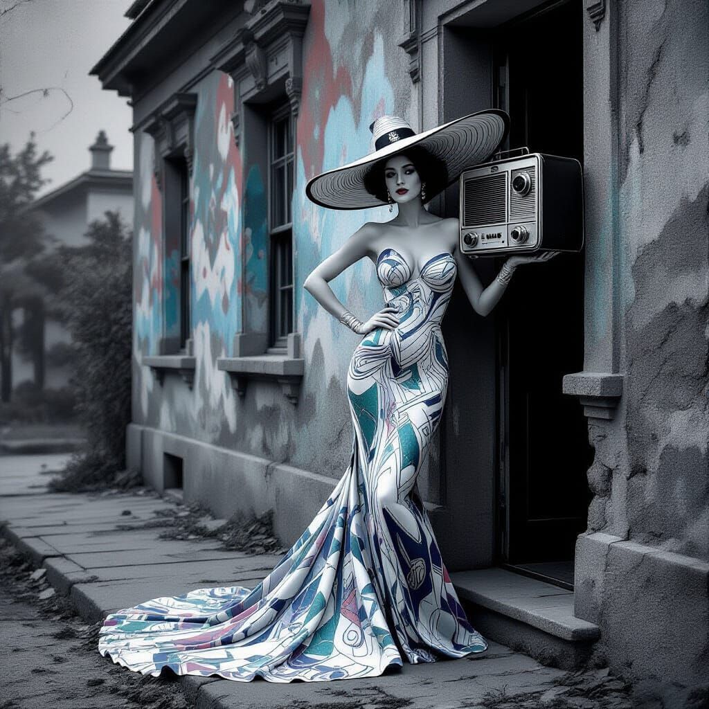 Art Brut Woman with Vintage Radio in Triadic Colors