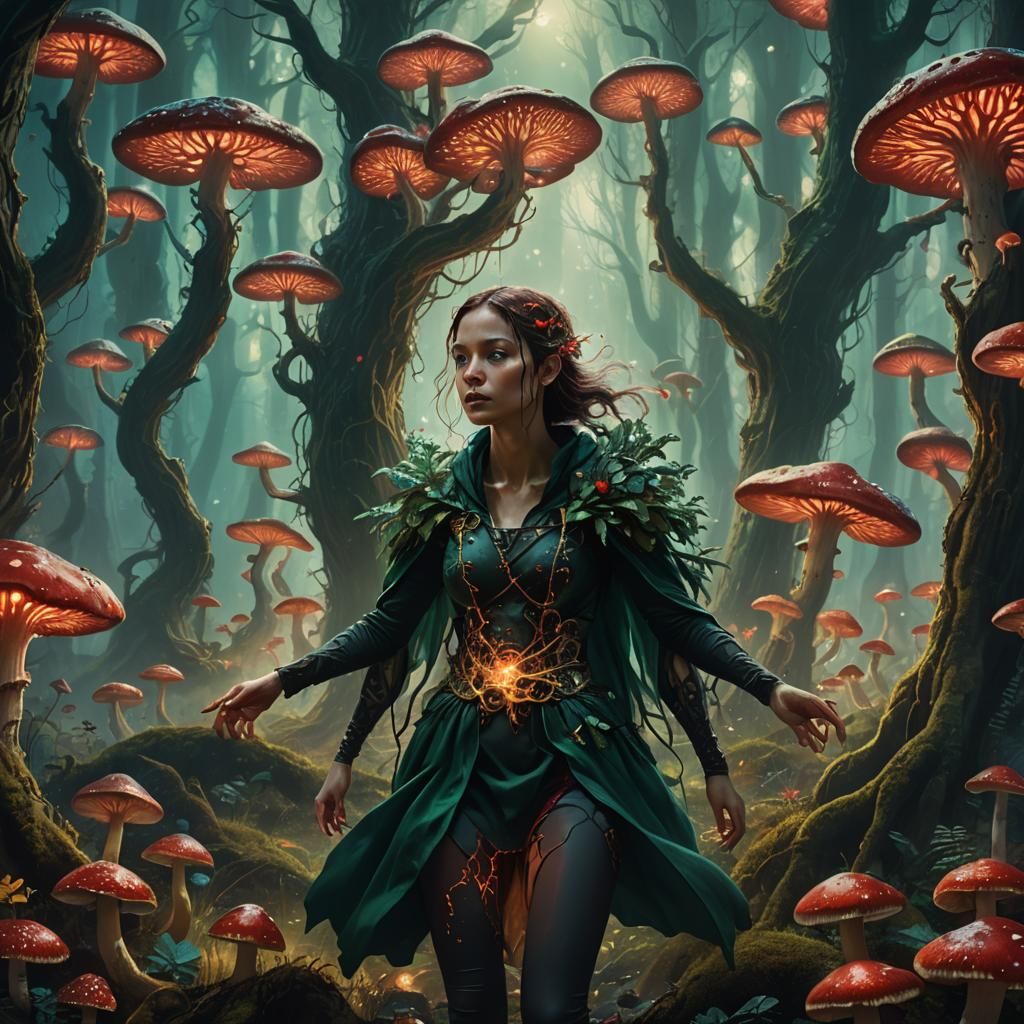 Mystical Forest Portrait with Glowing Mushrooms