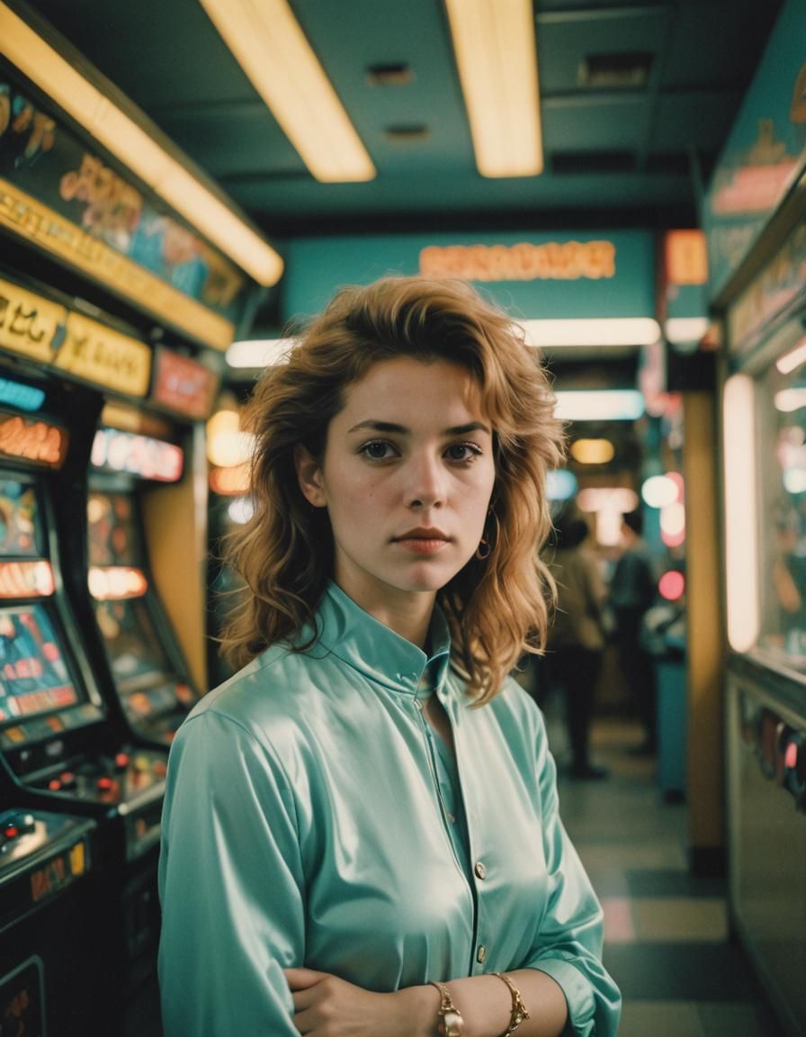 Minimalist 80s Woman Portrait in Arcade Setting