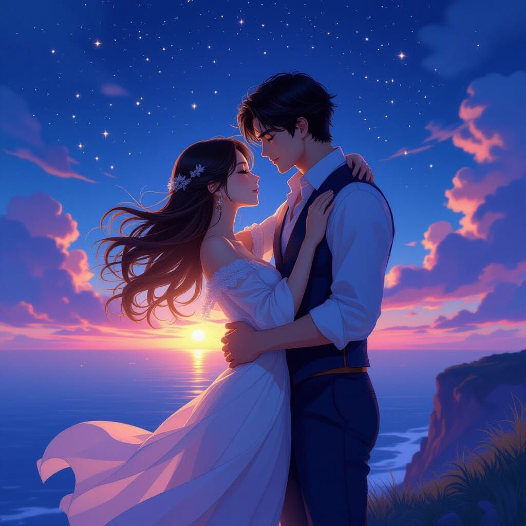 Anime Couple Embracing Under Starlit Sky
