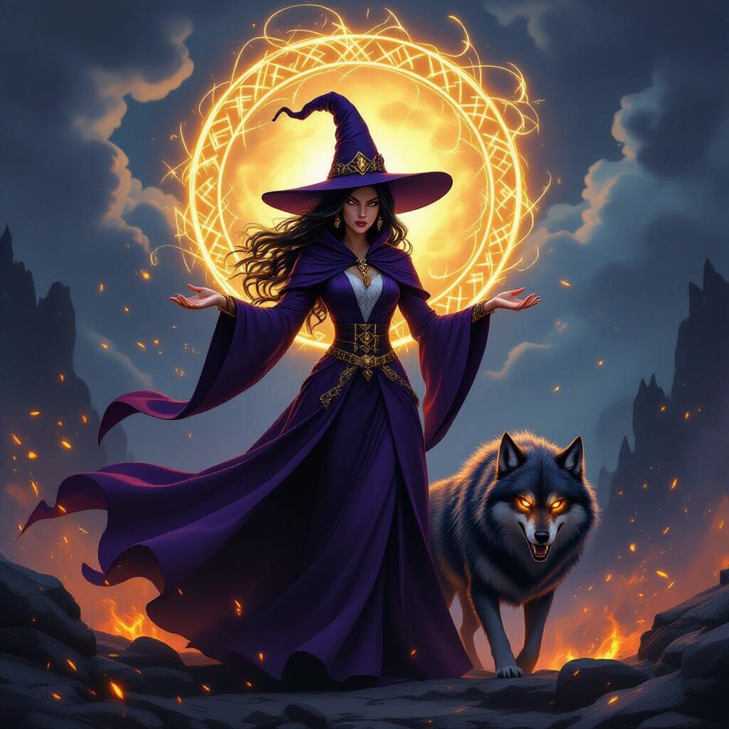 Powerful Witch and Wolf in Stormy Fantasy Art