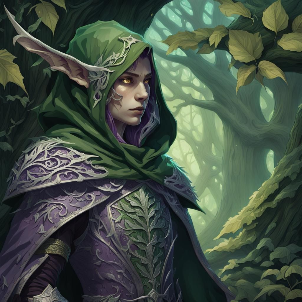Green Elf Rogue in Mystical Forest, Art Nouveau