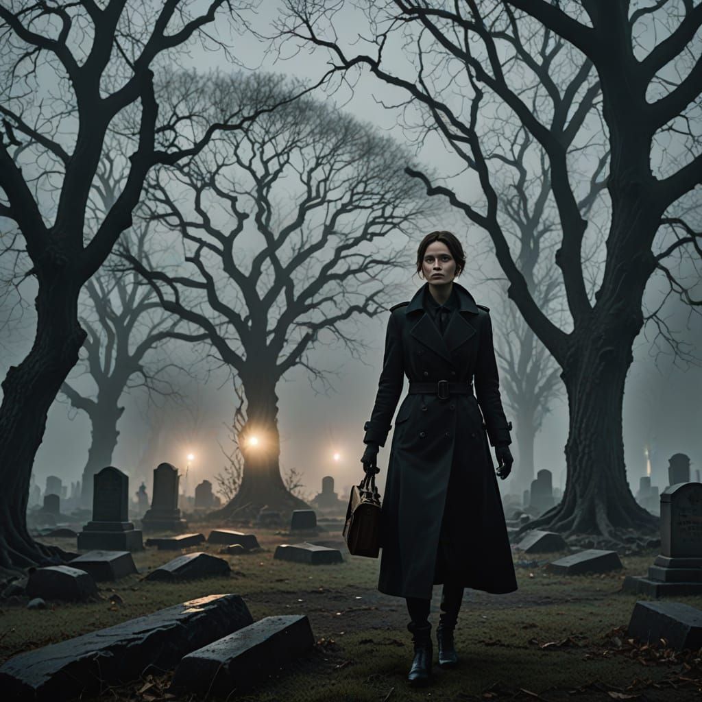 Secret Agent Woman in Black in Foggy Graveyard