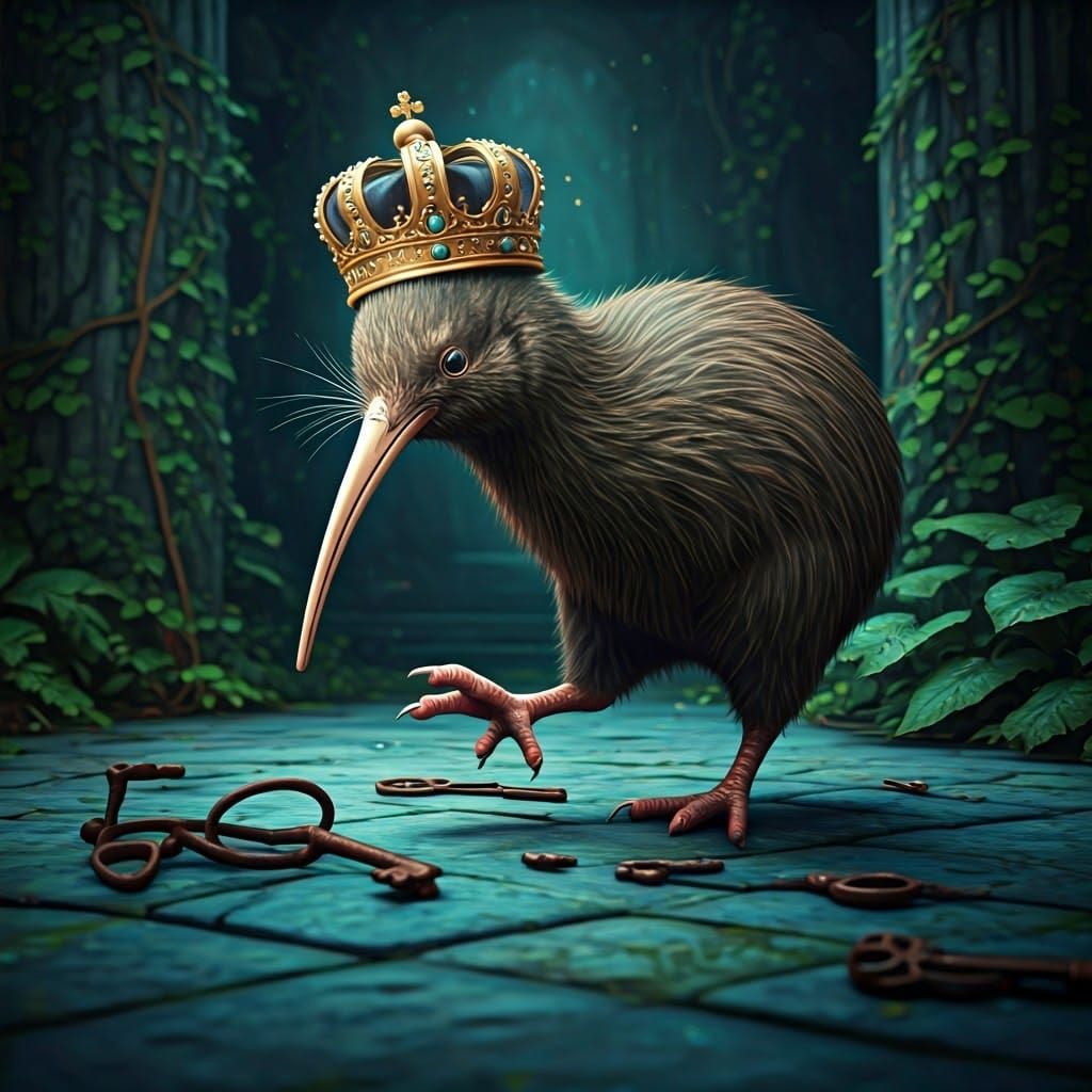 Crowned Kiwi Kicking Keys in Fantasy Landscape