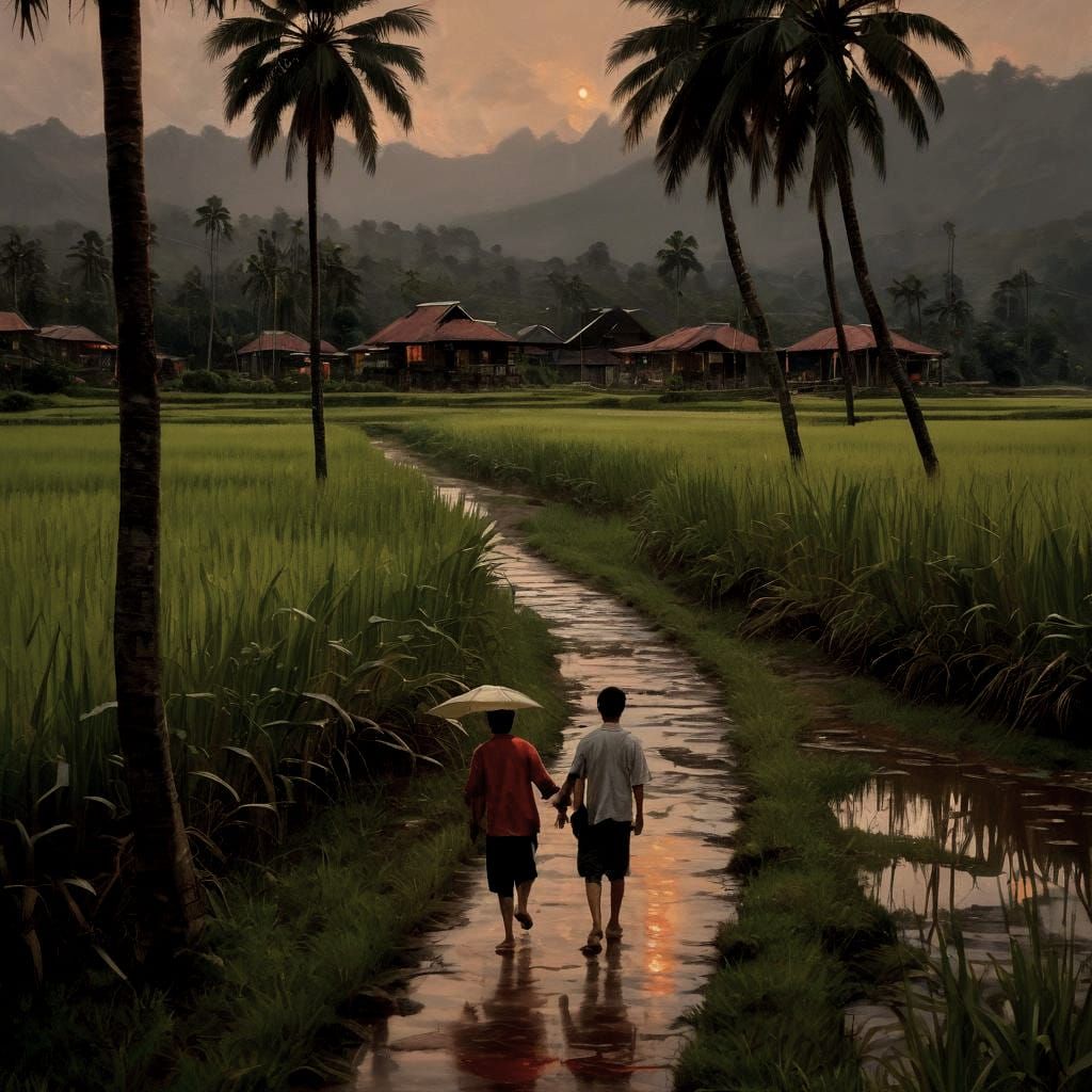 Cambodian Landscape with Teenagers in Oil Painting Style