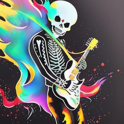 Flaming Skeleton Guitarist in Gouache Painting Style
