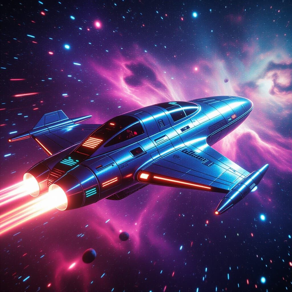 Chrome Spaceship Soars Through Nebula in Cyberpunk Style