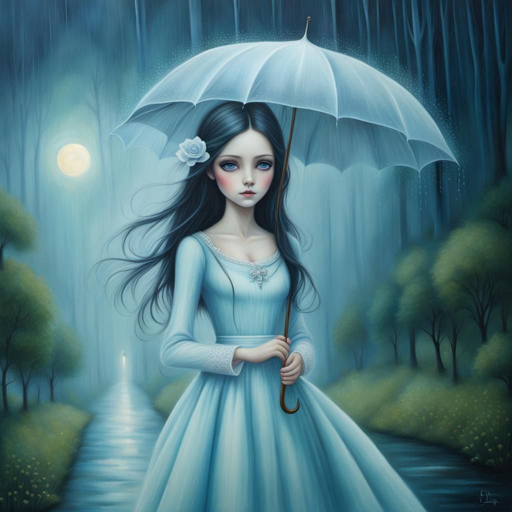 Rainy Walk: Detailed Mystical Painting in 8k