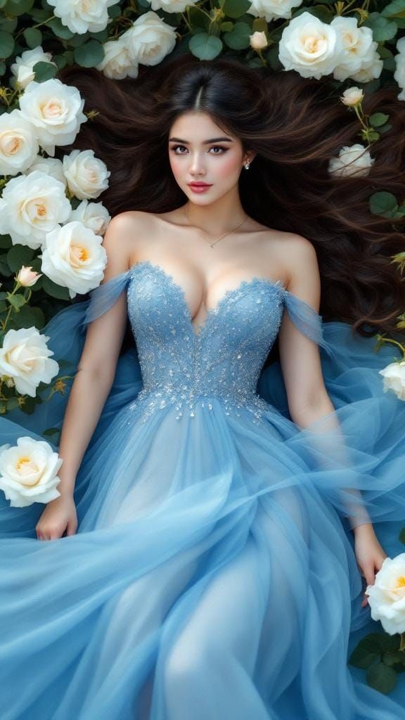 Curvy Woman in Blue Dress Lying in Roses
