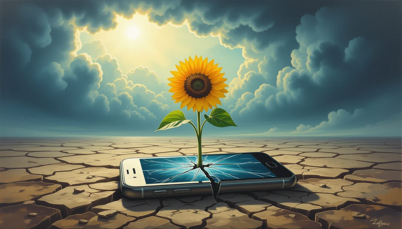 Sunflower Sprouts from Phone Screen: Dark Oil Painting