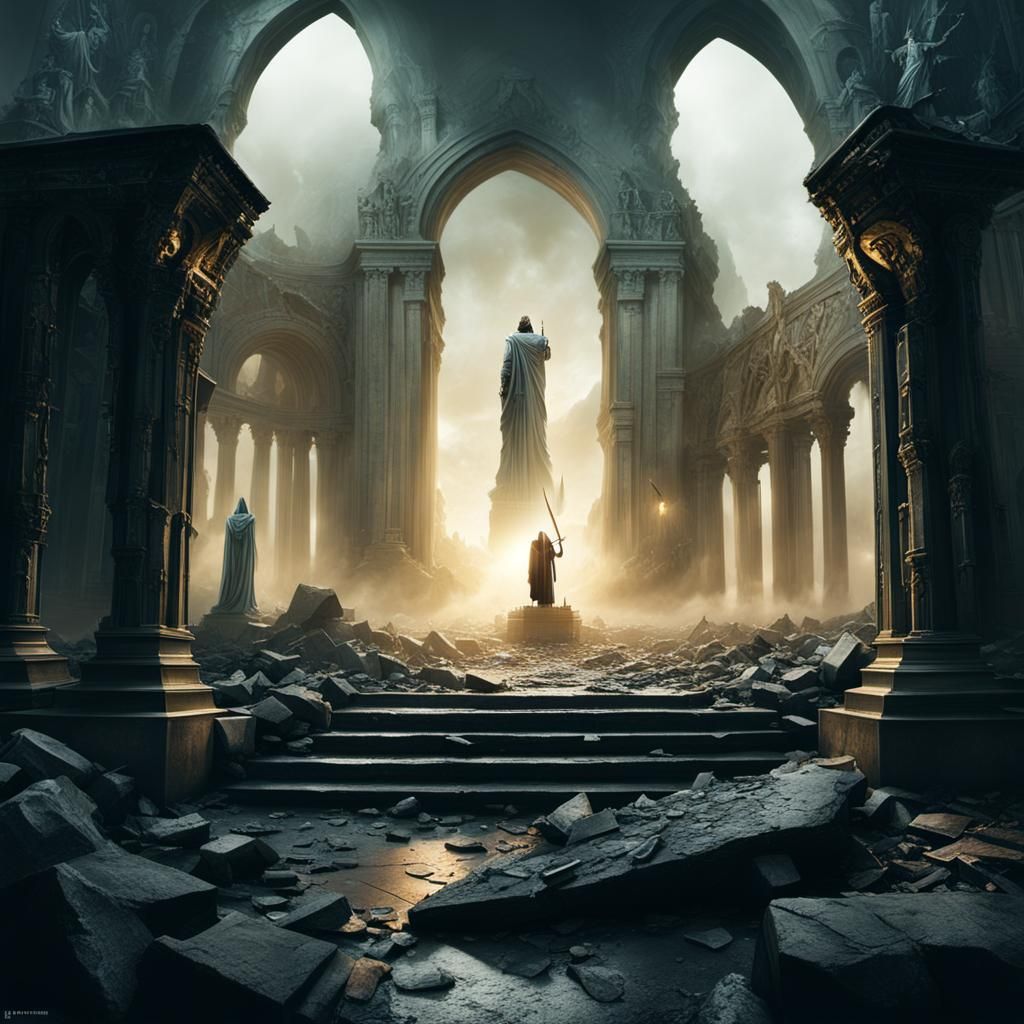 Dark Fantasy: God Statue Over Broken Kingdom
